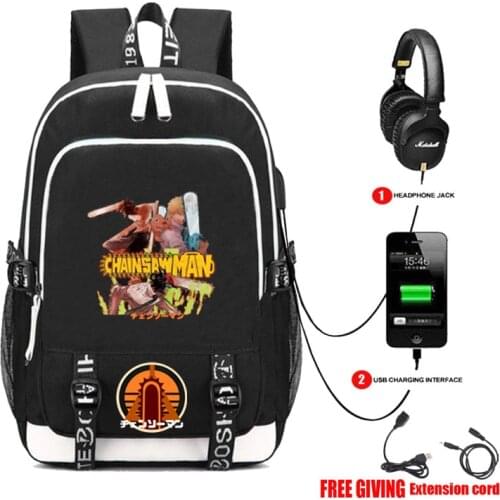 Anime Chainsaw Man backpack USB charging Headphone jack Students bookbag Men Teenage Laptop backpack travel bag