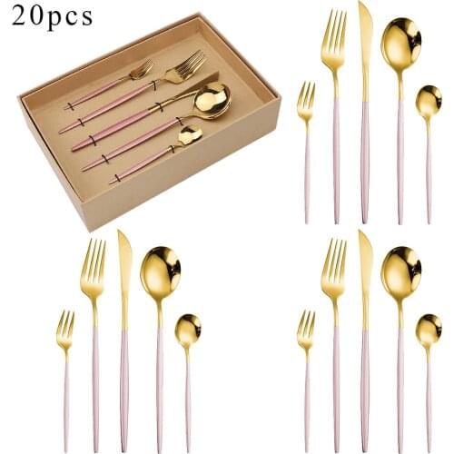 20Pcs Pink Gold Cutlery Set Steel Tableware Knife Fork Spoon Flatware Dinnerware Set Dishwasher Safe Gift Box Wedding Gift Box