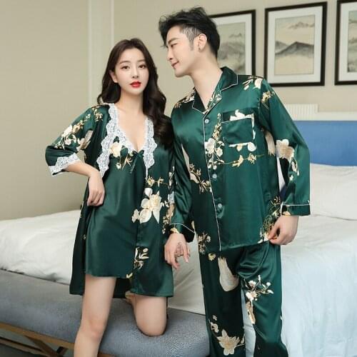 Couples Flower Printed Women Lace Trim Robes Sets Silk Satin Men Pajamas Homewear For Lover Sleep Shirt Wedding Robes