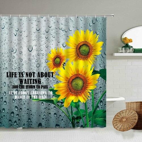 Sunflower Flower Shower Curtain Summer Yellow Floral Butterfly Water Drop Design Bathroom Wall Decor With Hook Waterproof Screen