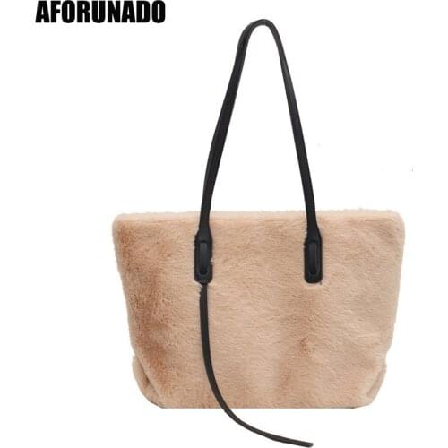 Simple Style Vintage Design Winter Ladies Large Capacity Bag New Fashion Faux Fur Shoulder Bag Wild Plush Tote Bucket Bag