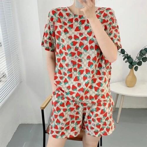 Print Simple Sleepwear Pyjamas Womens Pajamas Cotton Short Sleeve Ladies Pijama Sets Homewear Cute Cartoon Lounge Wear T-shirt