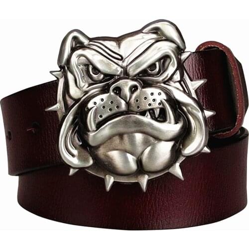 Fashion mens Genuine leather belt metal buckle bulldog head dog western style cowboy belts hip hop belt Street Dance