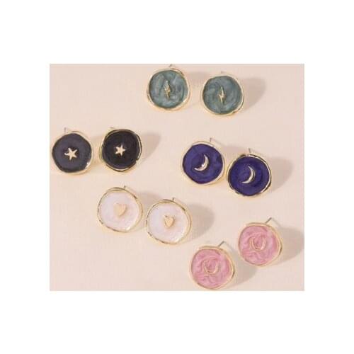 Fashion Painting Oil Roung Enamel Lightning Moon Star Stud Earring Solid Color Women Dreamy Trendy Handmade Earring Jewelry Gift