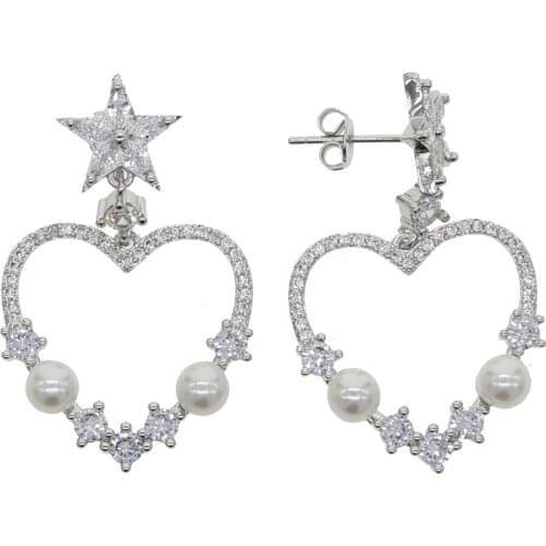 Cz love Hollow Heart shape Dangle Drop earring with sea pearl star 2020 New Design Valentines gift jewelry for girlfriend