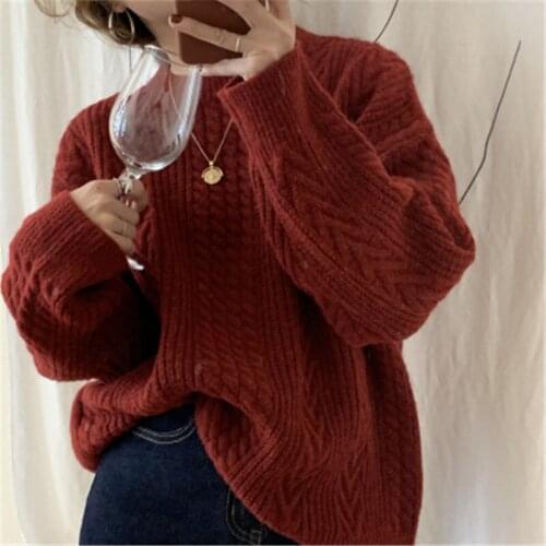 Vintage Christmas Red Twist Thicken Sweater Women Korean Casual Solid O-neck Long Sleeve Oversized Warm Pullover Jumpers 2020