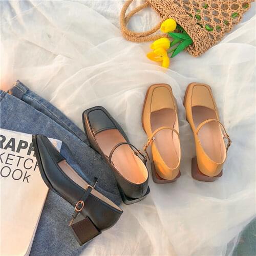Apanzu Mary Jane Style Ladies Shoes Solid Color Mori Girl Chunky Heels Shallow Mouth Square Toe Buckle Strap Sweet Single Shoes