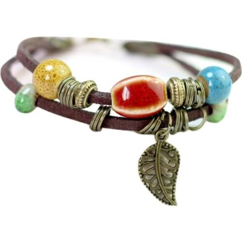 Bohemian Women Double Layer Leaf Charm Ceramics Beads Faux Leather Rope Bracelet