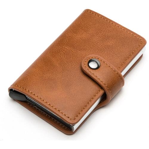 RFID Blocking Vintage Men Credit Card Holder Aluminum Alloy ID Card Case Automatic Male Metal Leather Cardholder Wallet