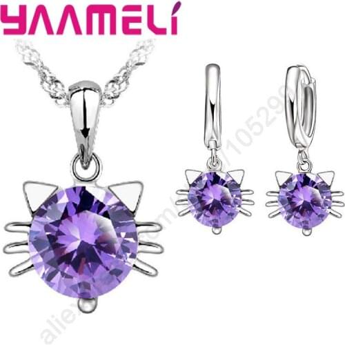 High Quality Cute Cat Purple&White Cubic Zircon Stone 925 Sterling Silver Pendant Necklace Hoop Earring Jewelry Sets