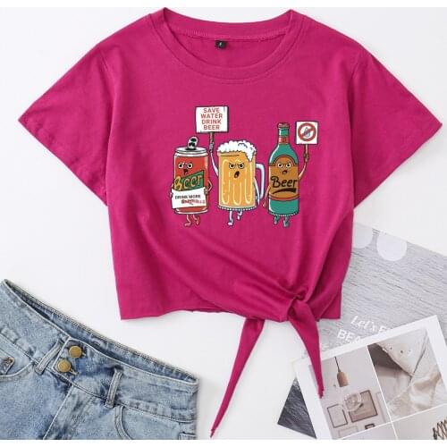 Humorous Save Water Drink Beer Knotted Crop Top Shirt Womens Summer Short Sleeve Cotton T-Shirt Cropped Tops with Front Tie Knot