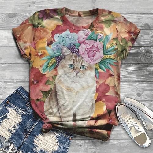 2021 Summer Top New Round Neck Animal Cat Print Casual Top T-Shirt Women Retro Loose Short Sleeve Women T-Shirts Oversized 3XL