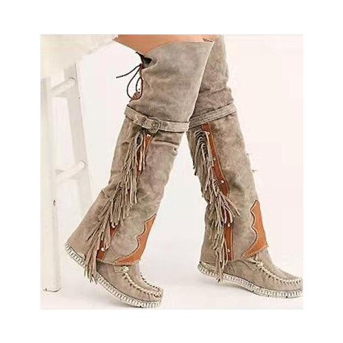 Fashion Bohemia Knee-length Women Boots Ethnic Personality High Boots Tassels Faux Suede Boots Girl Flat Bottom Long Botas Mujer