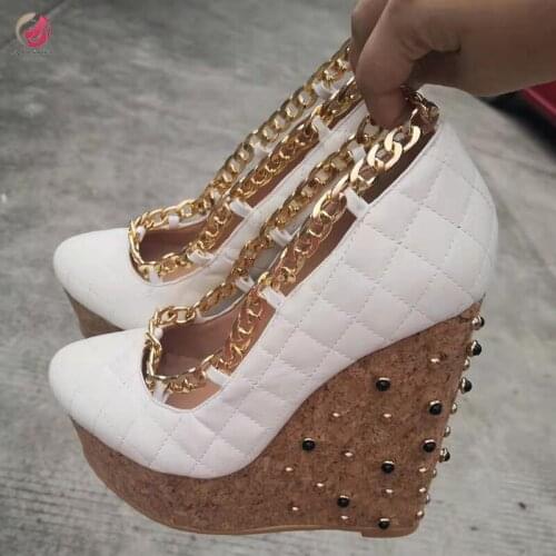 Original Intention Beautiful Rivets Pumps Wedges Woman Pumps Gold Metal Chain White Sexy High Quality Shoes Woman Plus size 4-15