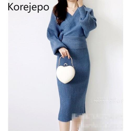 Korejepo Women Two-piece Set 2021 Autumn Winter Korean Retro Gentle Temperament Red V-neck Thin Knit Sweater Stretch Slim Skirt