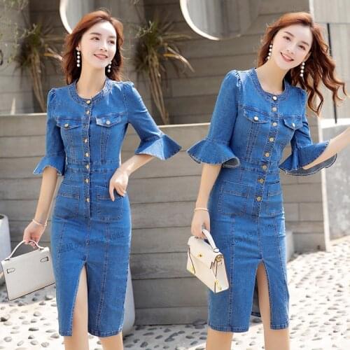Denim Dress Women Round Neck Trumpet Sleeve Sexy Package Hip Dress 2020 Spring Summer Style Elastic Mid-length Jeans Dress Lady
