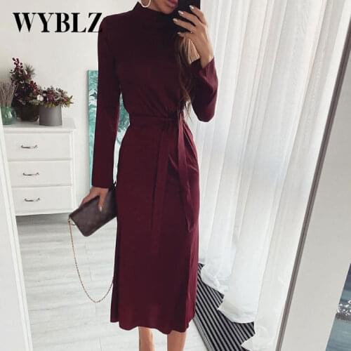 WYBLZ Autumn Elegant Temperament Long Dress Fashion Casual Urban Display Waist Womens Dresses Sexy High Neck Long Sleeves Solid