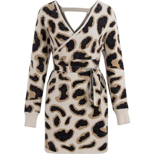 2020 Winter Fashion V-neck Sweater Dress Women Knitted Skirt Long Sleeve Dress Ladies Elegant Party Female Dress New Arrival