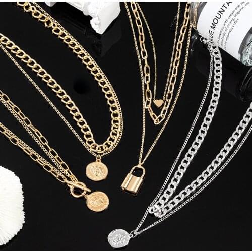New Fashion Vintage Multilayer Chain Gold Silver Necklace For Women Portrait Coin Lock Pendant Chocker 2021 Trend Female Jewelry