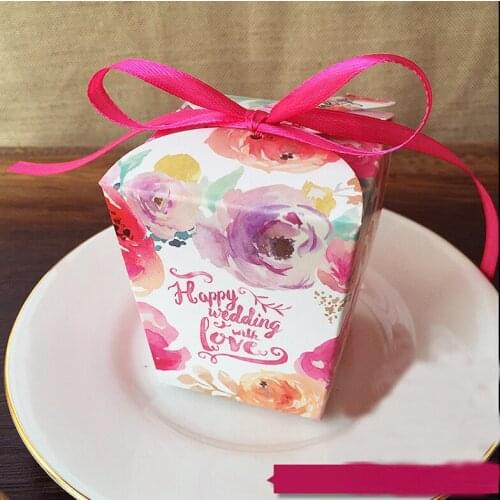 20 x Hot Sketch Trapezoid Shape Colorful Floral Wedding Favors Candy Boxes Bridal Shower Gifts Box Party Decor + Ribbons + Tags
