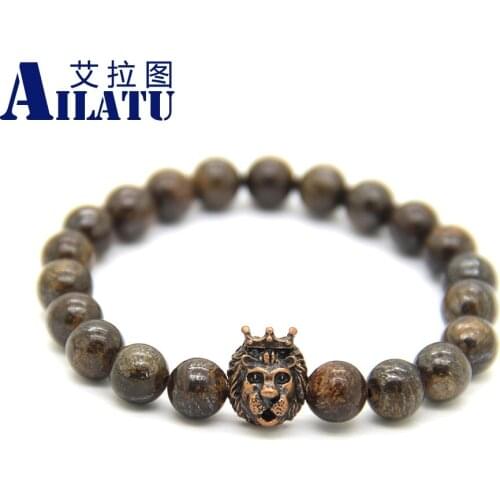 Ailatu Fashion Masculinas Natural Bronzite Stone Lion Head Bracelet Women Pulseras Hombre Bracciali Mens Elastic Bead Jewelry