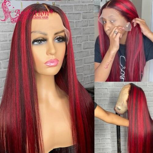 Ambition Remy Human Hair Lace Front Wigs Preplucked Red Highlight Burgundy Lace Frontal Wigs Lace Human Hair Wigs Bleached Knots