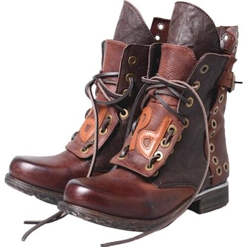 Genuine Leather Gladiator Ankle Boots Lace UP Flat Heels Round Toe Fashion Women Shoes Color Gladiator Hold Pattern Roman Boots