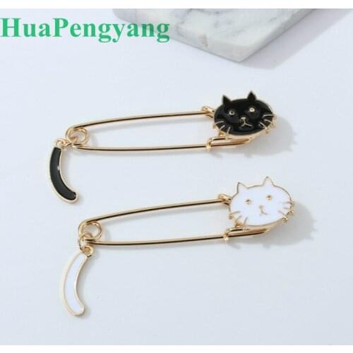 2019 New Fashion Cute White Black Dripping Glaze Cat Head Brooch Cat Tail Fashion Clothing Accessories Brooch Jewelry Wholesale