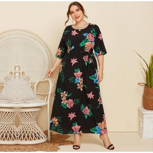 DOIB Women Black Long Dress Floral Print Sashes Plus Size Half Sleeve Dresses 2021 Summer Office Lady Bobycon Dress