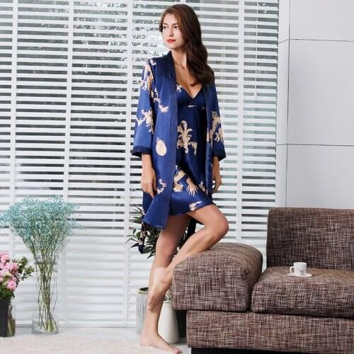 High-End Imitation Silk Ladies Sexy Bathrobe Two-Piece Suit Female Summer Thin Pajamas Soft Ladies Nightgown