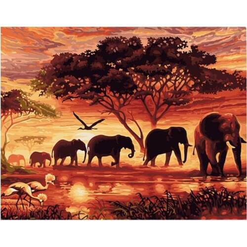 Painting By Numbers DIY Photo Frame Acrylic Paint Canvas Art Sunset Group Elephant Animal Wall Decoration Dicture Living Room