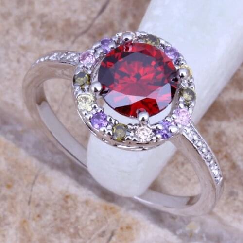 Pretty Multicolor Multigem Garnet Silver Plated Fashion Flower Ring Size 6 / 7 / 8 / 9 E166