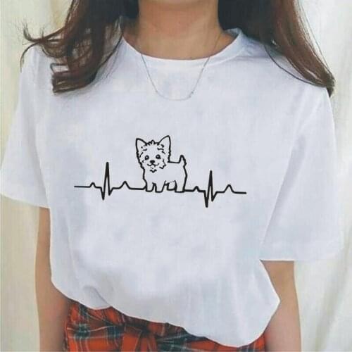 Summer Short Sleeve Cotton Tee Shirt Femme Funny Yorkie Heartbeat Love Paw Cool Dog Mom T Shirt Women Tops Casual Camiseta Mujer