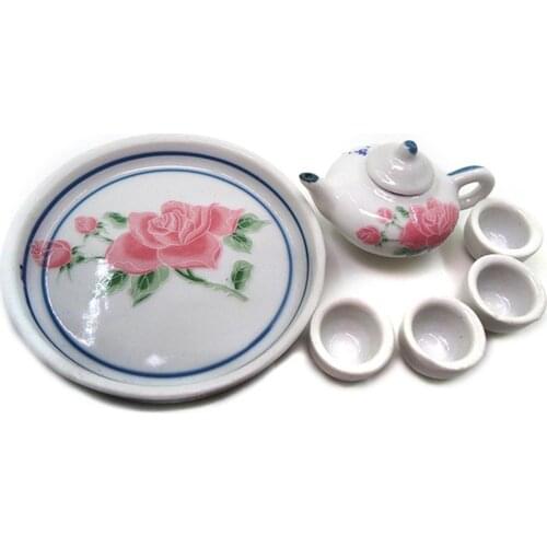 Flower Print Mini Ceramic Tea Set Tray Tea-pot Teacup for 1/6 Dollhouse Kids Toy Ceramic Tableware Dollhouse Kitchen Accessories