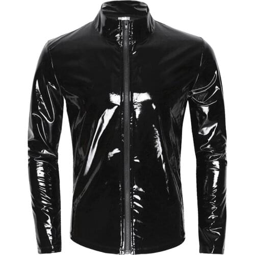 Mens Sexy Shiny Wetlook Leather Shirt Erotic Shaping Sheath Latex Casual Coat Male Glossy Metallic PVC Leather Jacket Tops Sexi