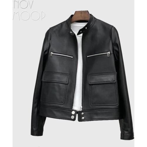 Novmoop genuine leather women boyfriend style sheepskin jacket chic sexy cool girl graded Chaqueta de cuero LT3493