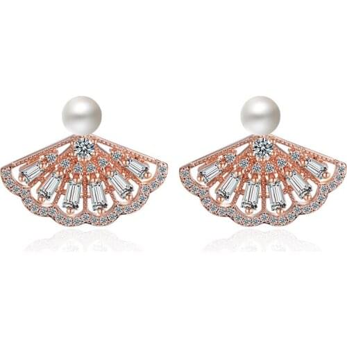 New Arrival Elegant Fan-shaped Cubic Zirconia Plastic Pearl 925 Sterling Silver Female Stud Earrings Jewelry For Women Gift