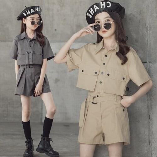 Girl Clothes 2021 Summer Kids Tracksuit Fashion Khaki Lapel Short Tops Cargo Pants 2pcs Girls Casual Sets Teens Clothes 6 8 10 Y