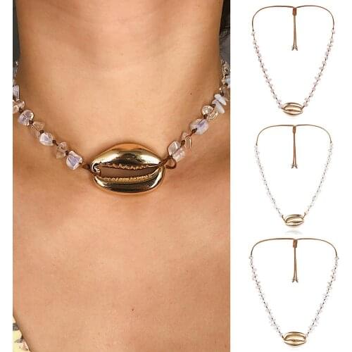 Bohemia Conch Shell Pendant Choker Necklace Summer Charm Natural Stone Cowrie Seashell Short Chain Necklaces Boho Jewelry