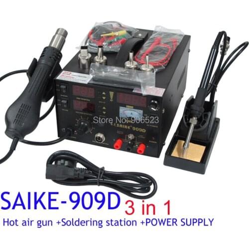 New 220V SAIKE 909D Soldering/Hot air gun rework station 3 in 1 Soldering iron+Hot Air Gun+Power Supply