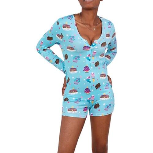 Sexy Rompers For Women 2020 Summer Long Sleeve V-neck Fruit Pattern Print Button Pajama Rompers Women Girls Christmas Nightwear