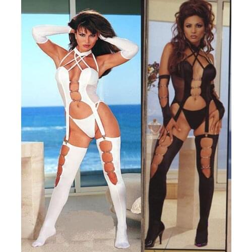 Attractive White Black 2018 Erotic Fetish Lingerie Teddy Super Sexy Women Halter Lingerie +G-String+Gloves+Stockings 4 Piece Set