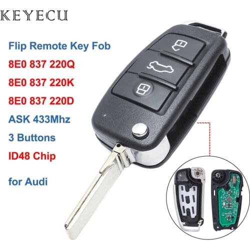Keyecu Flip Car Remote Key 3 Buttons 433MHz ID48 for Audi A4 Quattro RS4 S4 2005 2006 2007 2008 2009 8E0 837 220Q / 220K / 220D