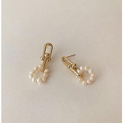 Minar Irregular Genuine Pearl Circle Pendant Earrings for Women Girls Gold Color Alloy Horseshoe Buckle Dangle Earrings Jewelry