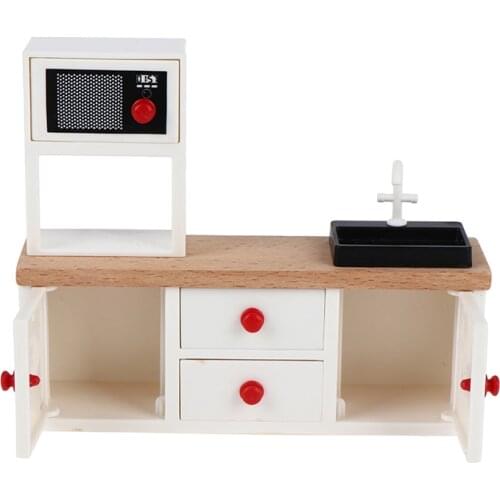 1Set Mini Kitchen Sink Wash Basin Cabinet With Hand Sink Miniature Microwave Oven Furniture Toys For Dollhouse Decoration