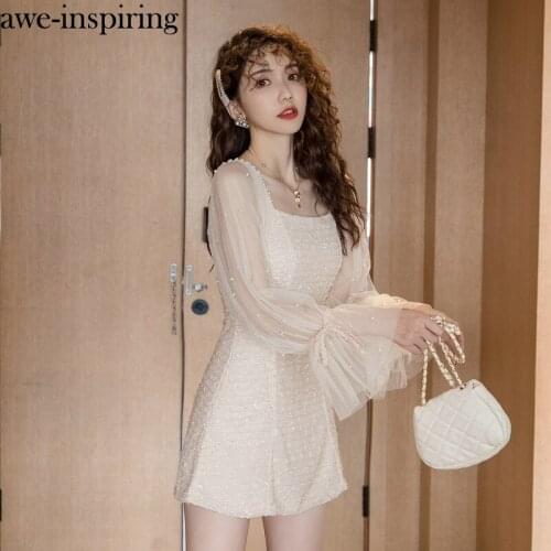 Vintage Beading Mesh Patchwork Korean Dress Women Autumn Sweet Ladies Dresses Kawaii Mini Dress Long Sleeve Pink Apriot Black