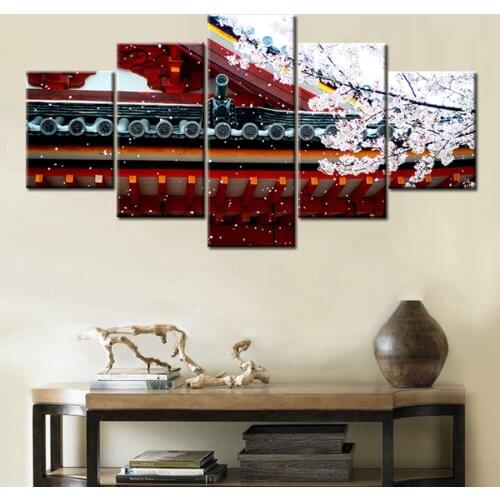 5 Pieces Chinese Acient Building Vintage Poster Snow Flowers Canvas Printing Painting For Living Room Decoration Art Frameless