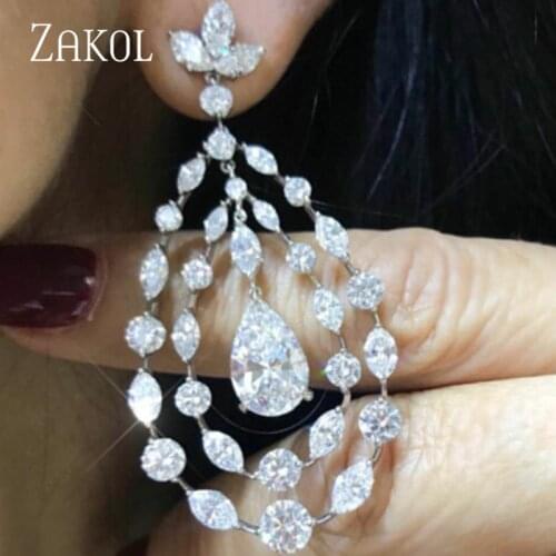 ZAKOL Luxury Elegant Long Water Drop Cubic Zirconia Womem Dangle Earrings Wedding Jewelry FSEP2071