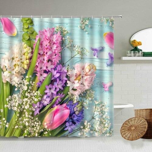 Floral Shower Curtain Dandelion Tulip Flower Plant Leaf Old Wooden Board Rural Barn Bathroom Decor With Hook Waterproof Screen