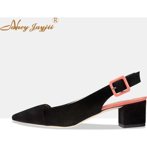 Slingbacks Female Shoes Woman Lady Pumps Black solid Pointed Toe Ankle-Wrap Buckle High Square heels Mature Fashion Elegant 2019